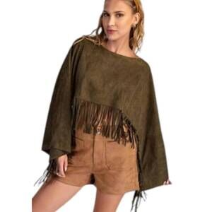 NEW GLAM prairie wind faux suede fringe cape in olive
